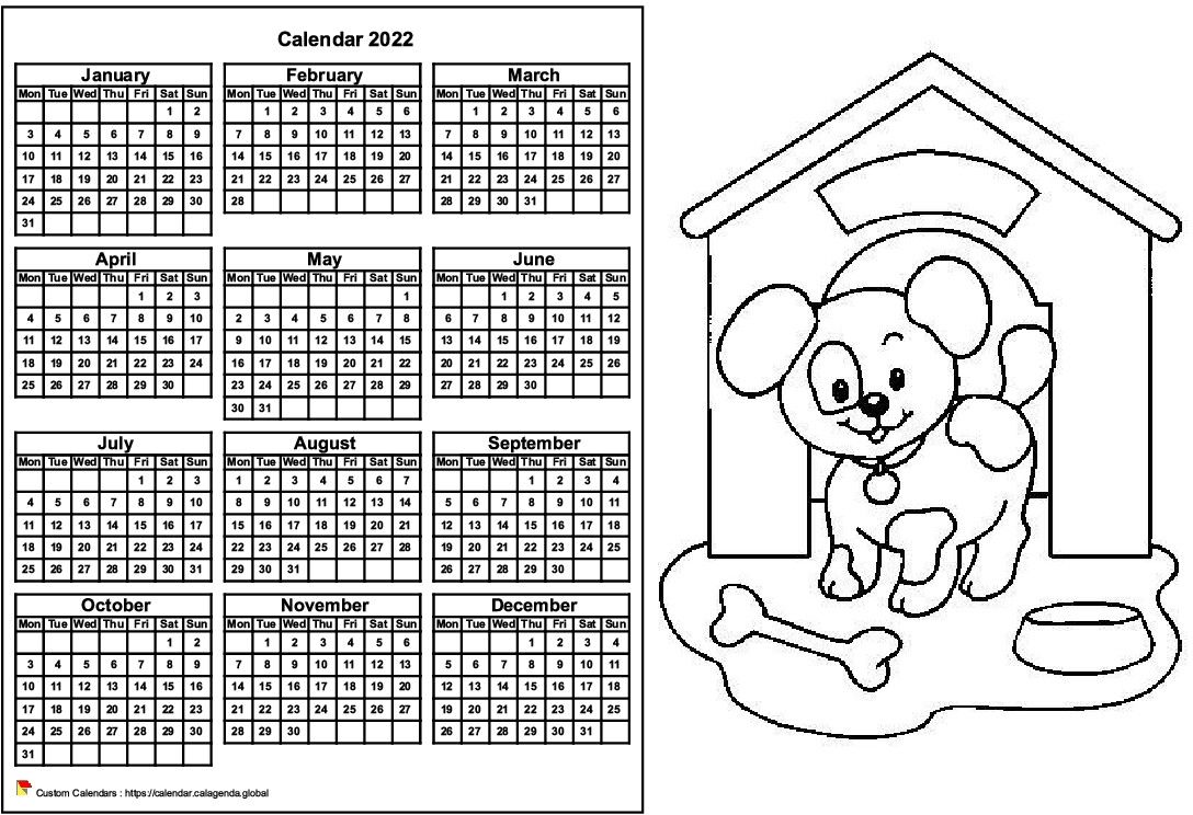 Calendar 2022 to color annual, format landscape, for children
