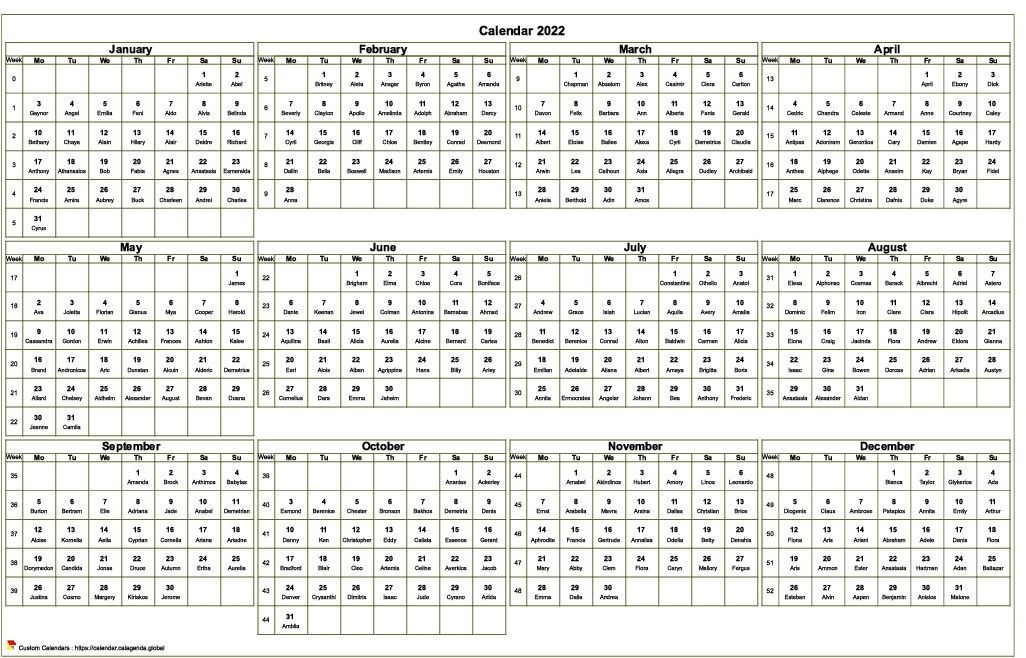  2022 annual calendar to print, format landscape, desk or wall