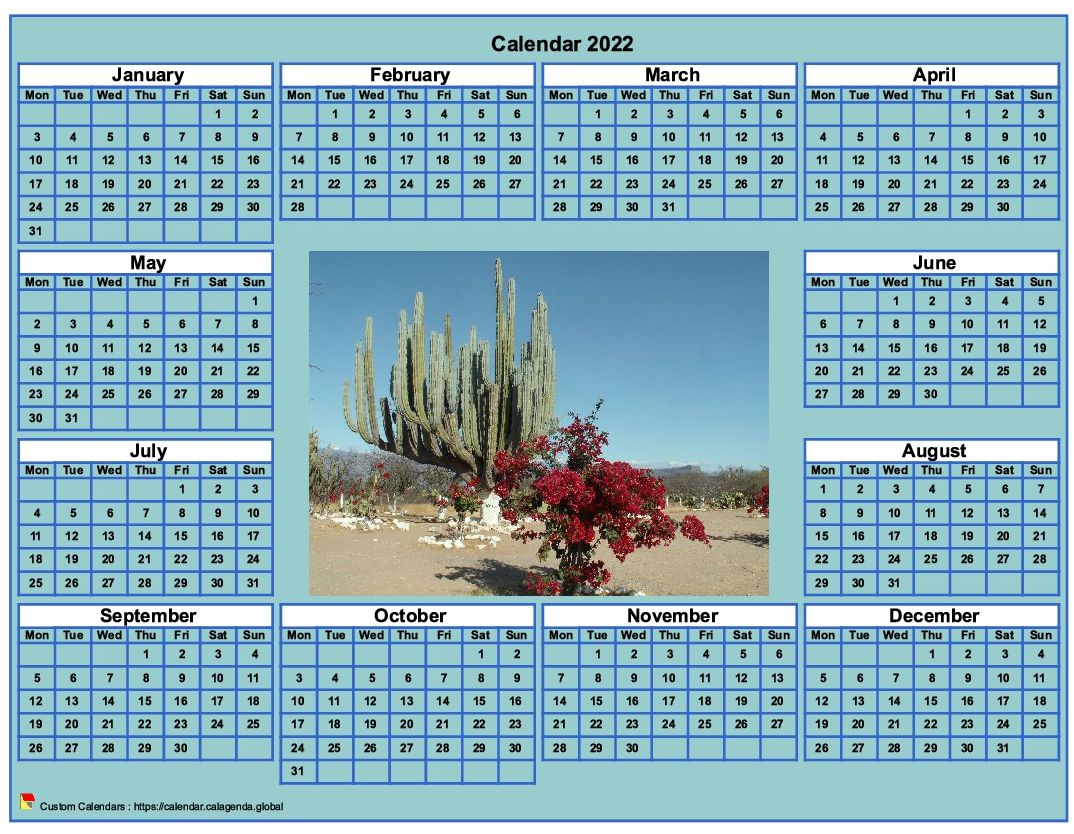 Calendar 2022 photo annual to print, cyan background, format landscape, desk or wall