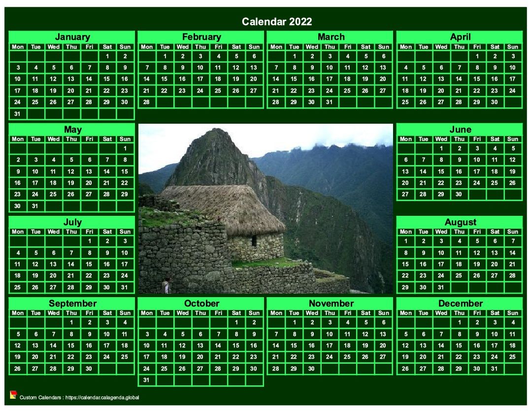 Calendar 2022 photo annual to print landscape, green background, format