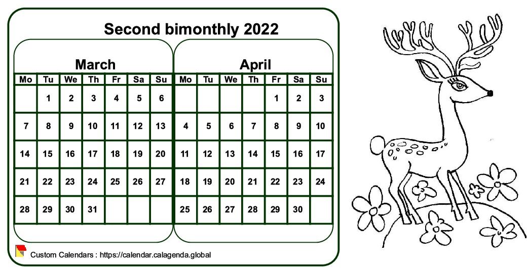 Calendar 2022 to color bimonthly, format landscape, for children
