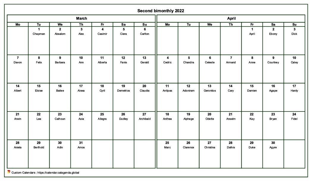 Calendar 2022 bimonthly, format landscape, with names