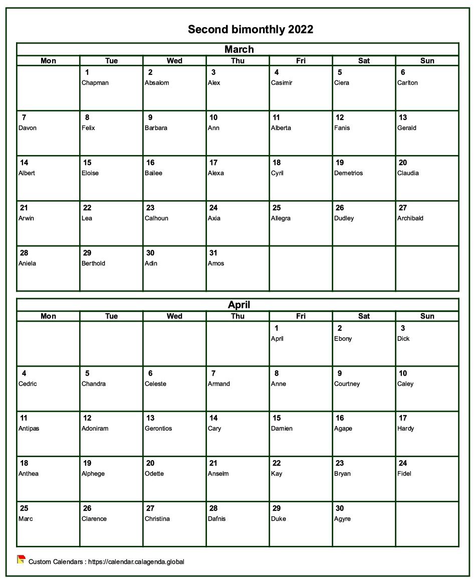 Calendar 2022 bimonthly, format portrait, with names