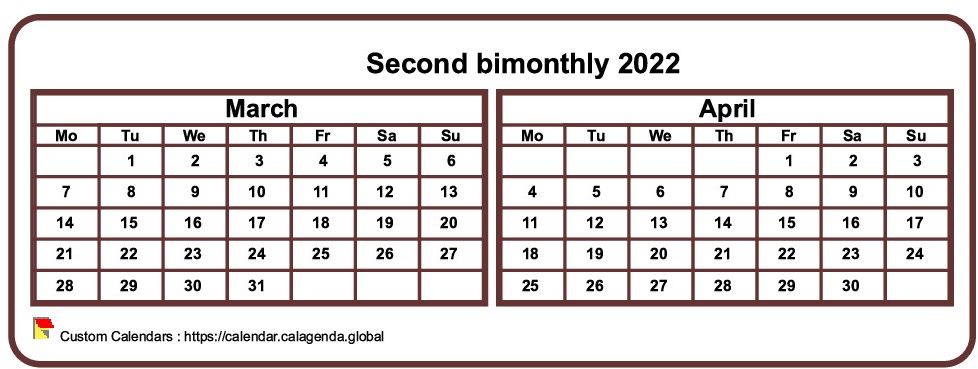 Calendar 2022 two months, tiny horizontal, pocket format, white background