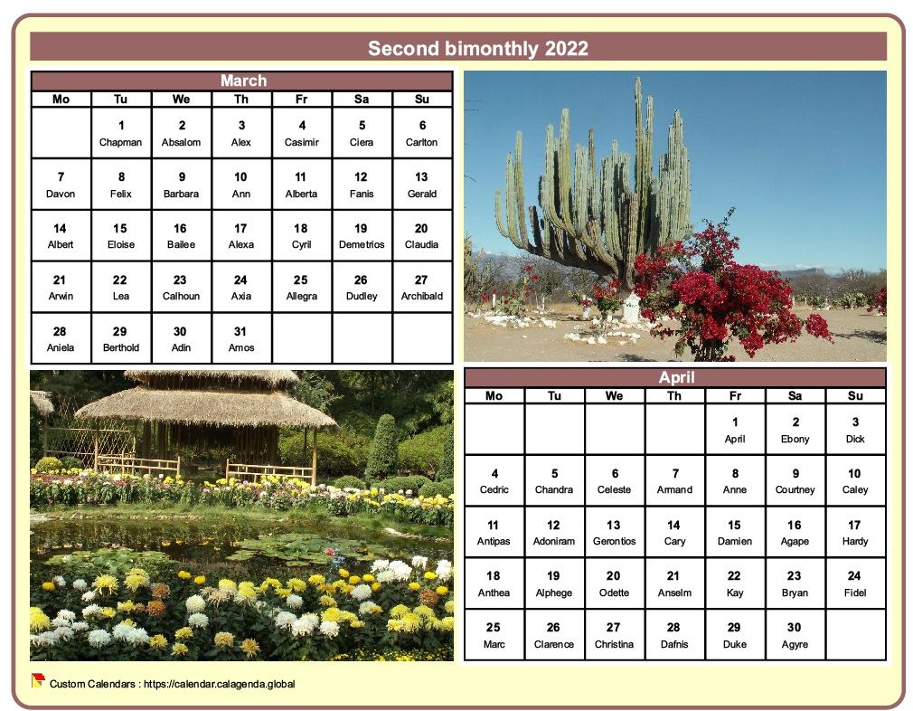 Calendar 2022 bimonthly with a different photo every month