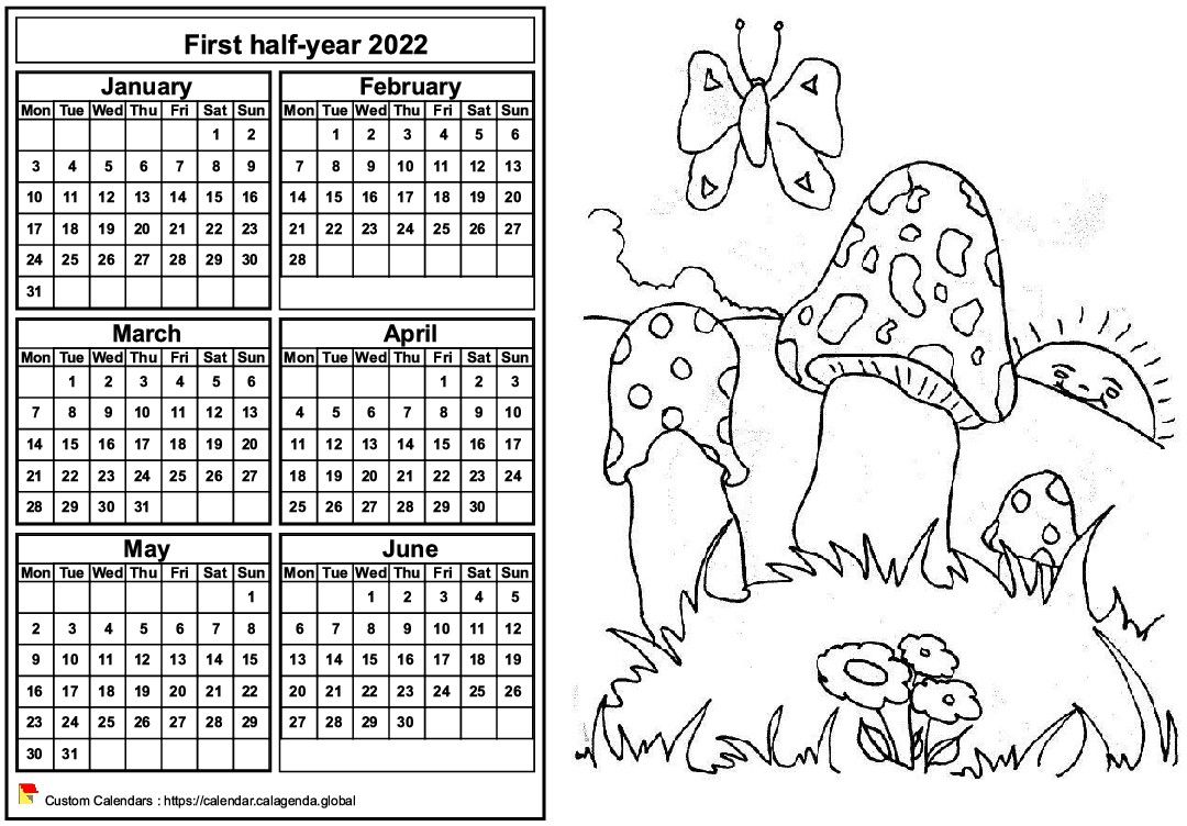 Calendar 2022 to color half-year, format landscape, for children