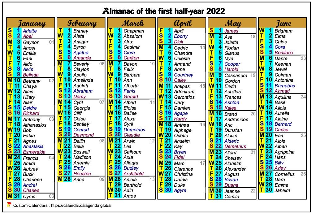 Calendar 2022 half-year six columns of format landscape