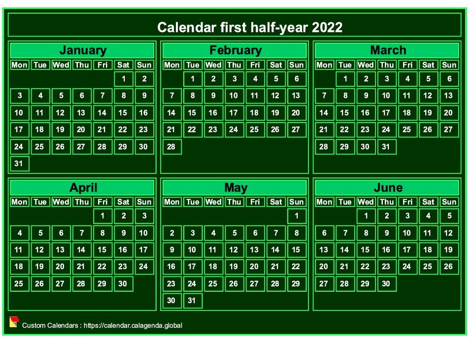 Calendar 2022 to print, half-year, tiny pocket format, green background