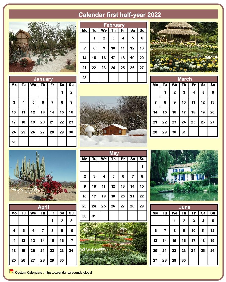 Calendar 2022 half-year with a different photo every month