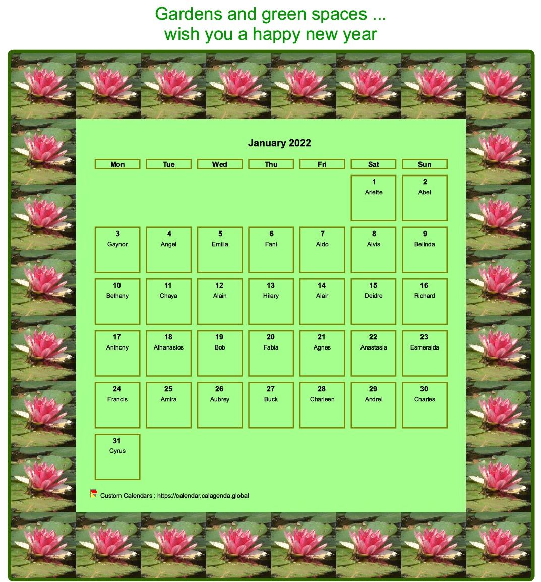 Calendar 2022 decorative agenda monthly, frame with motives waterlilies
