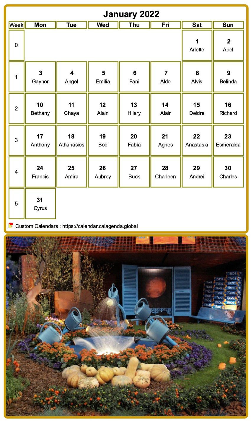 Calendar monthly 2022 to print, with photograph in underside