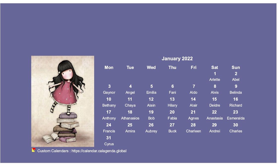 Calendar monthly 2022 Gorjuss