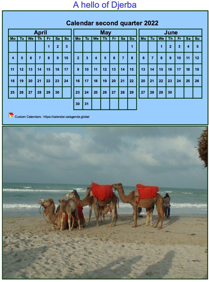 Calendar 2022 to print quarterly, tiny format, blue background, with photo
