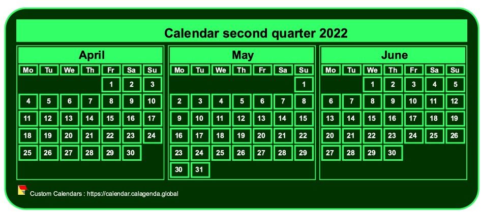 Calendar 2022 to print quarterly, tiny pocket format, green background