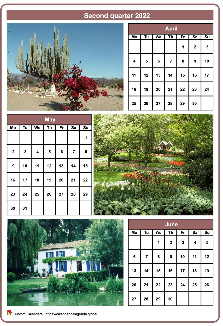Calendar 2022 quarterly with a different photo every month