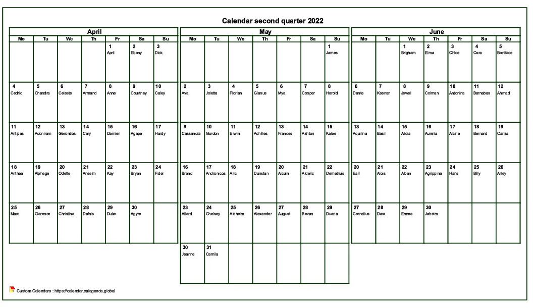 Calendar 2022 to print quarterly, format landscape