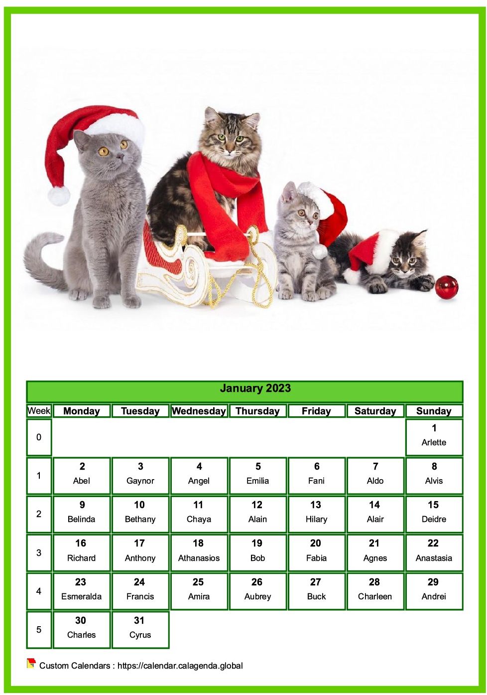 Calendar January 2023 Cats
