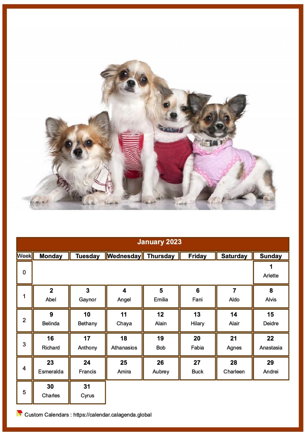 Calendar January 2023 dogs