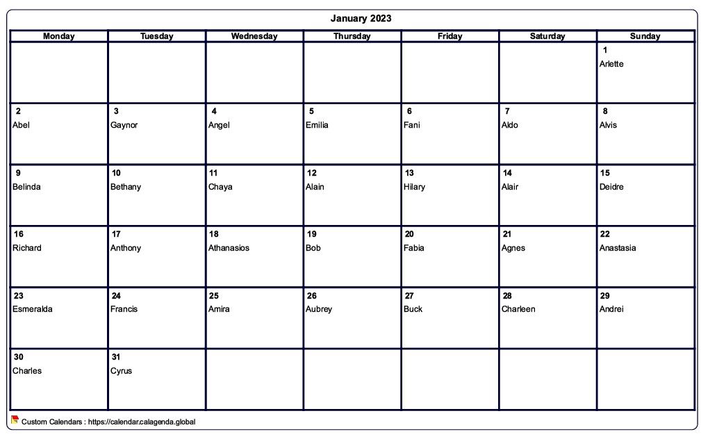 Calendar January 2023 to print blank