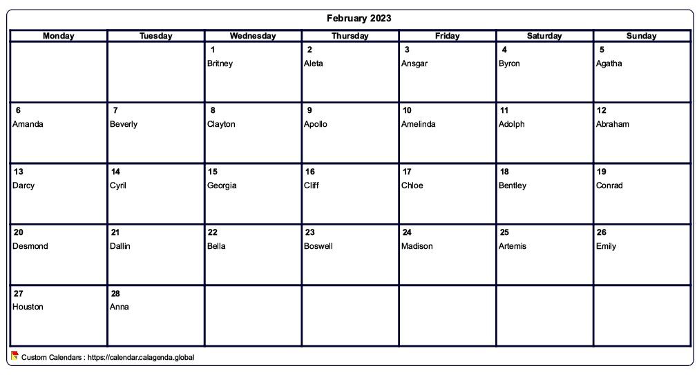 Calendar february 2023 to print blank