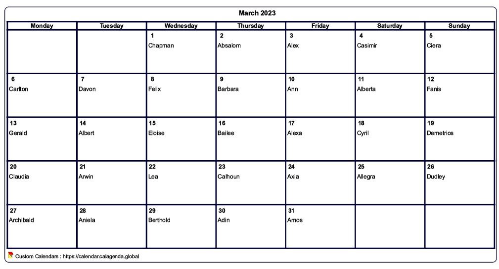 Calendar March 2023 to print blank