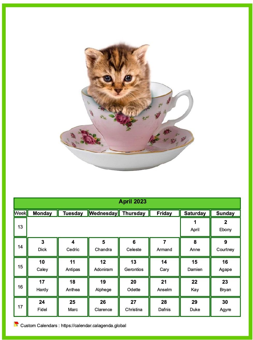 Calendar April 2023 cats