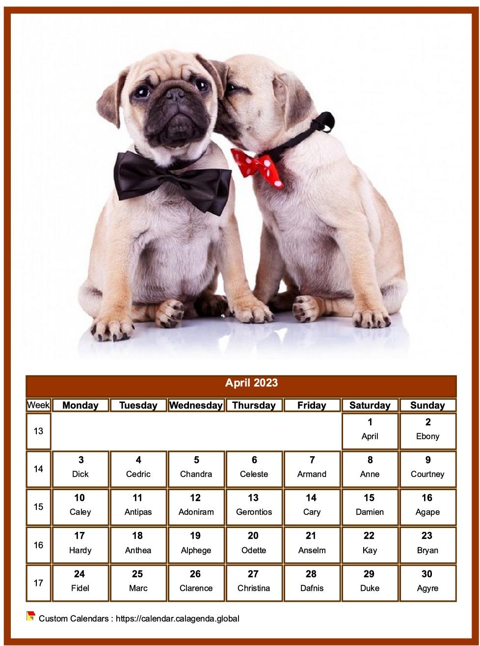 Calendar April 2023 dogs