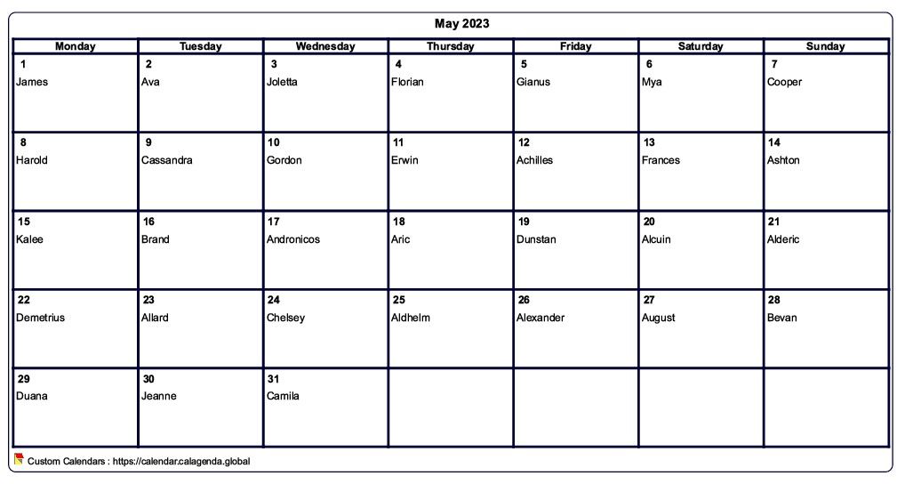 Calendar May 2023 to print blank