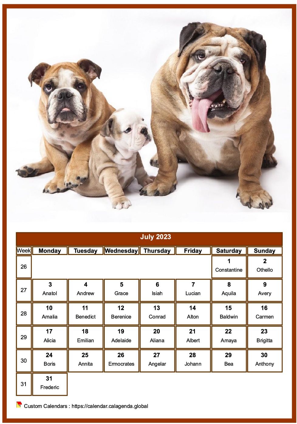 Calendar July 2023 dogs