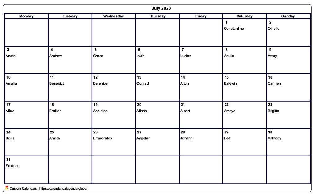Calendar July 2023 to print blank