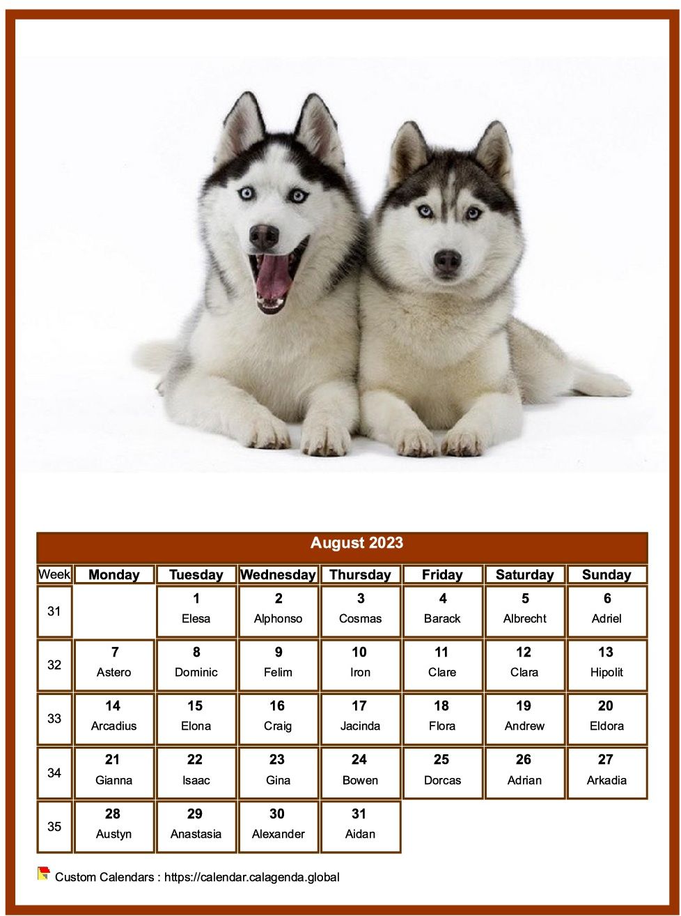 Calendar August 2023 dogs