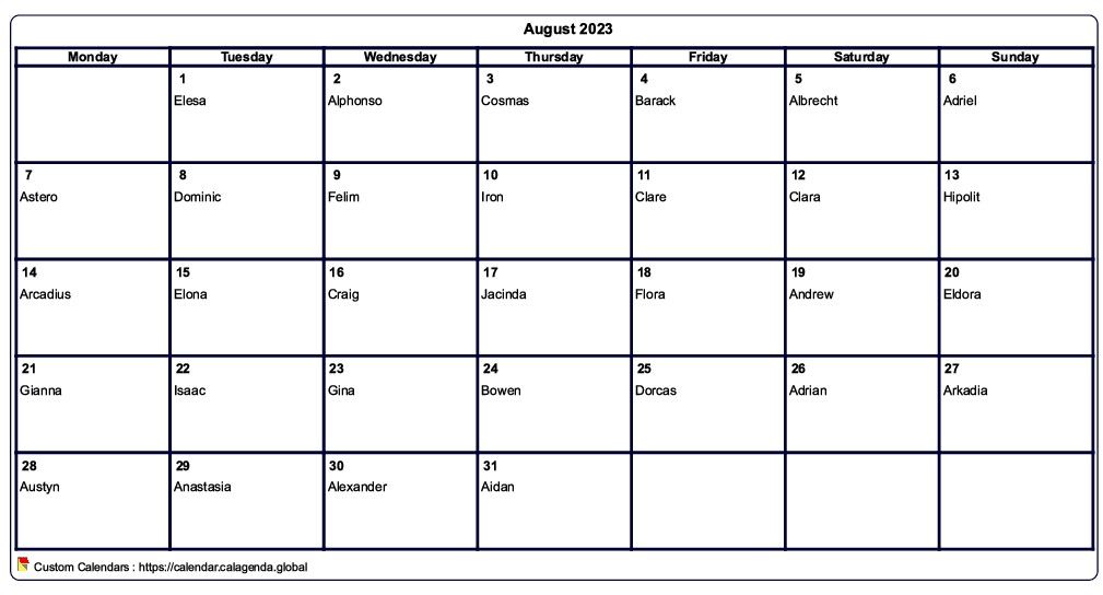 Calendar August 2023 to print blank