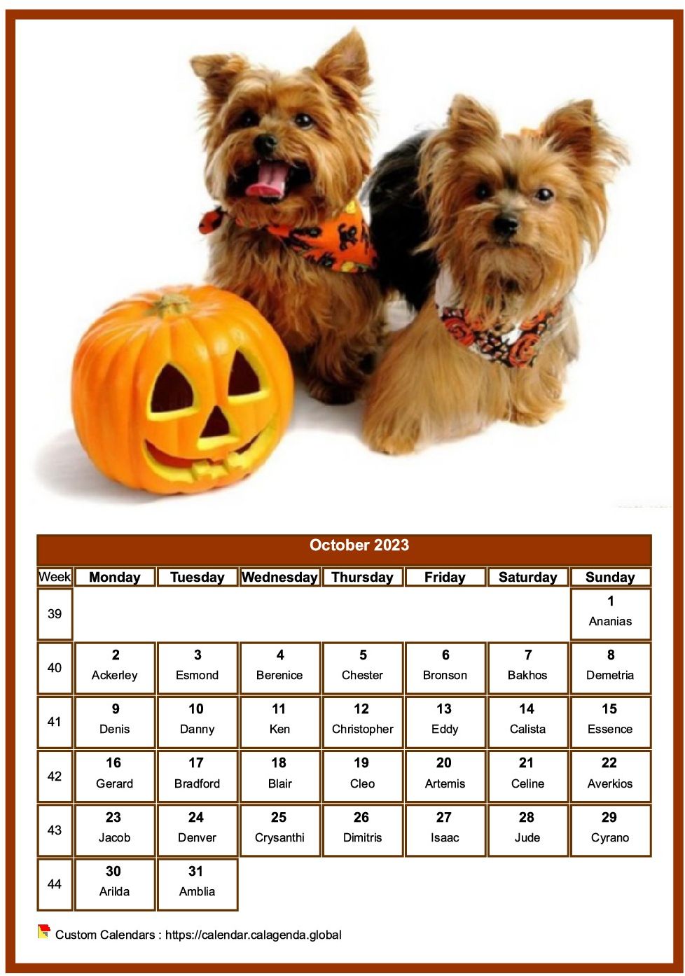 Calendar October 2023 dogs