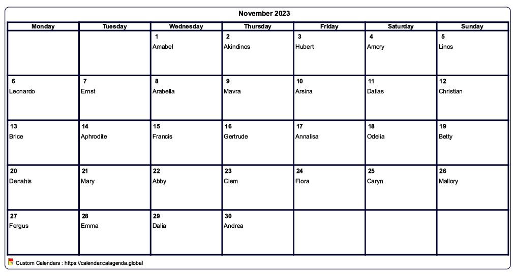 Calendar November 2023 to print blank
