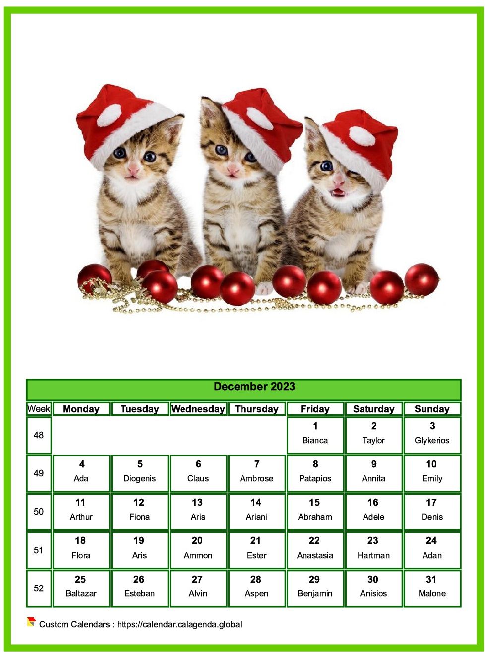 Calendar December 2023 cats