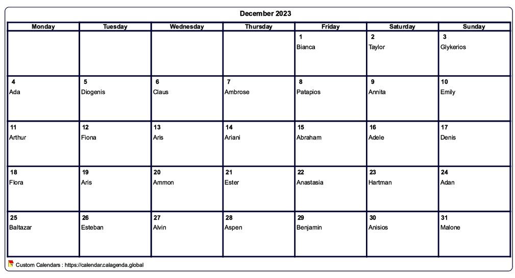 Calendar december 2023 to print blank