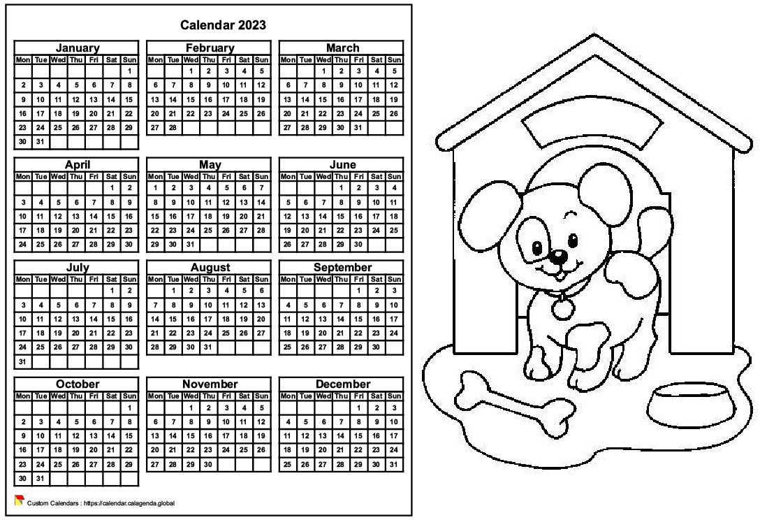 Calendar 2023 to color annual, format landscape, for children
