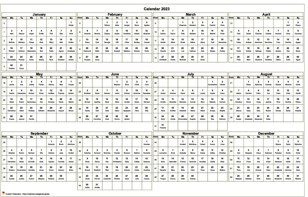  2023 annual calendar to print, format landscape, desk or wall
