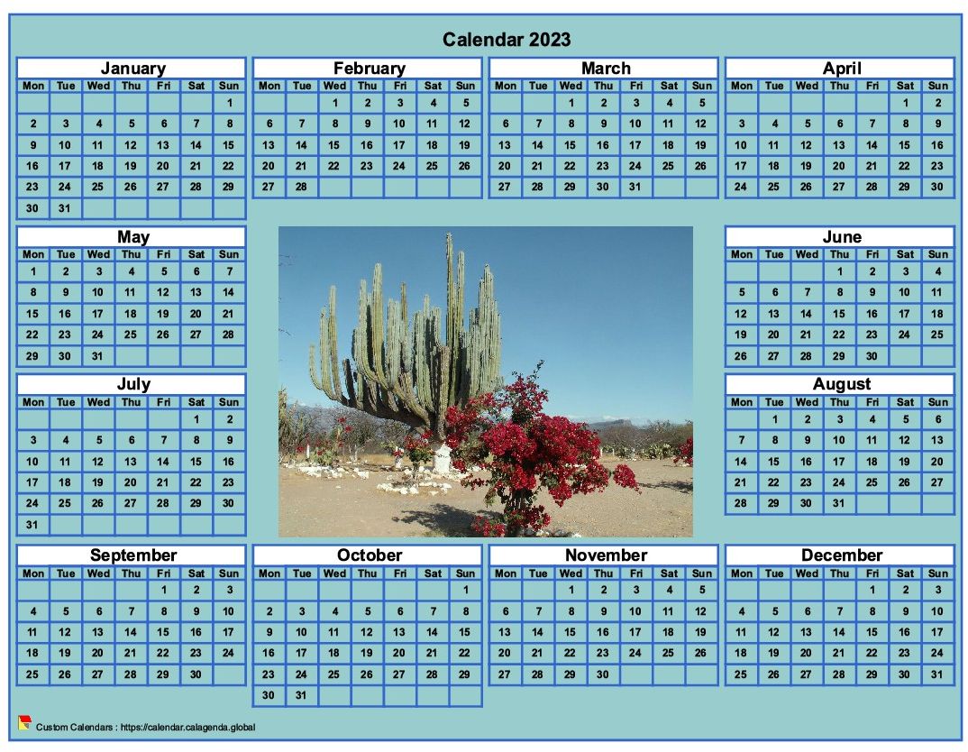 Calendar 2023 photo annual to print, cyan background, format landscape, desk or wall