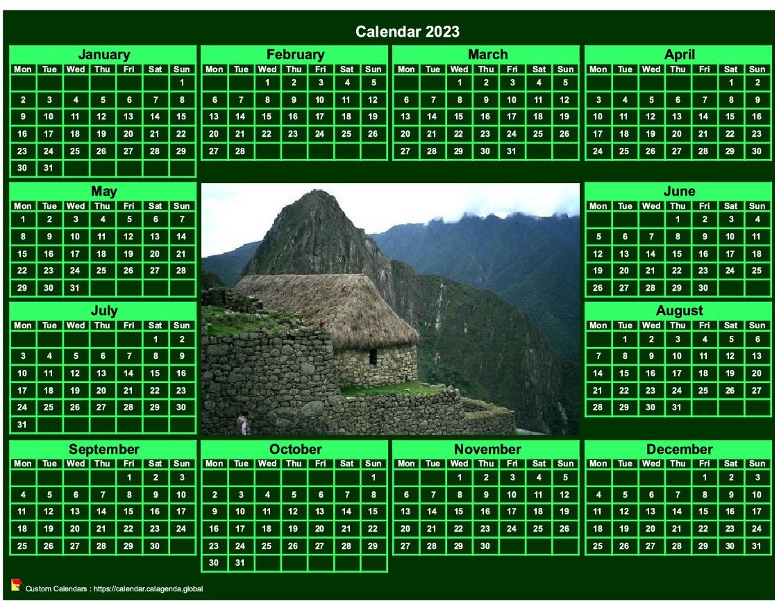Calendar 2023 photo annual to print landscape, green background, format