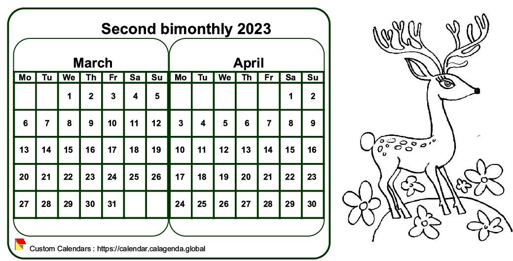 Calendar 2023 to color bimonthly, format landscape, for children