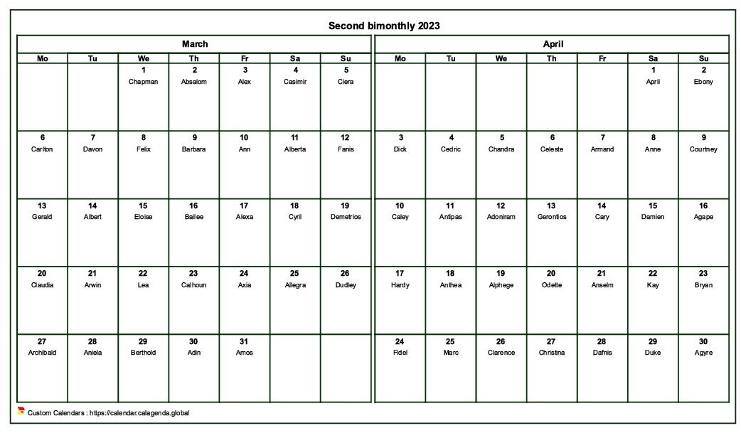 Calendar 2023 bimonthly, format landscape, with names