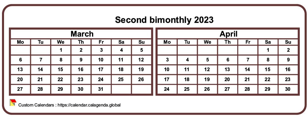 Calendar 2023 two months, tiny horizontal, pocket format, white background