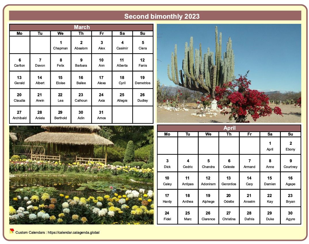 Calendar 2023 bimonthly with a different photo every month