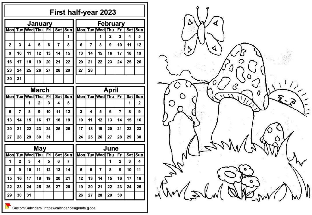 Calendar 2023 to color half-year, format landscape, for children
