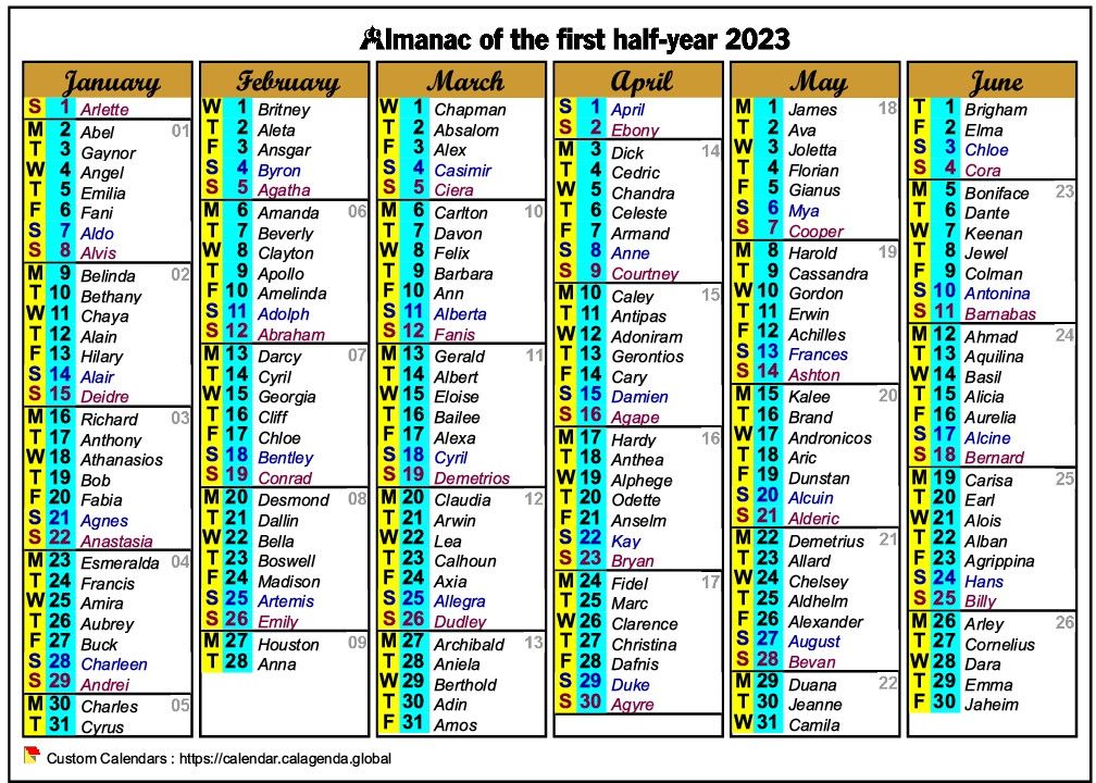 Calendar 2023 half-year six columns of format landscape