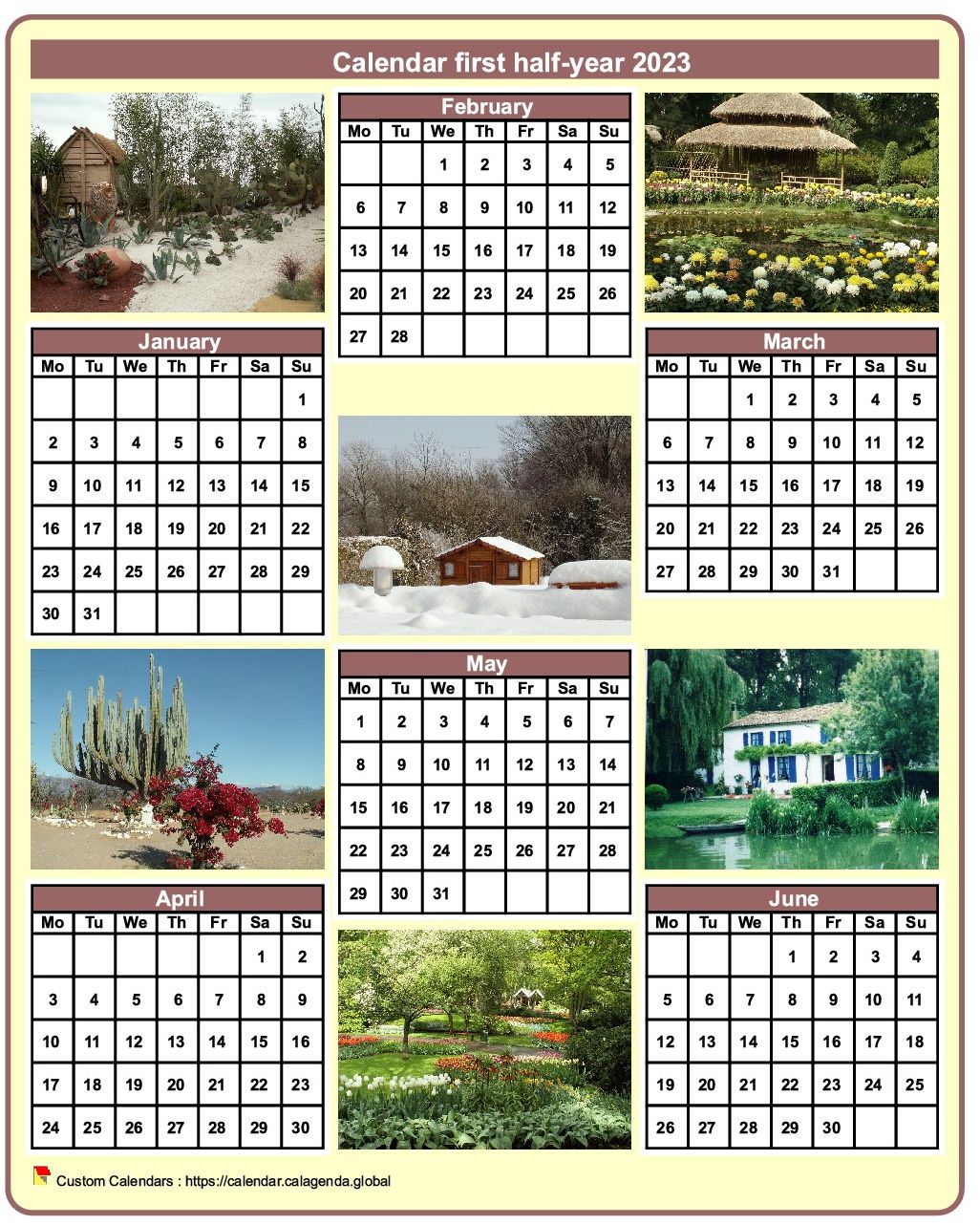 Calendar 2023 half-year with a different photo every month