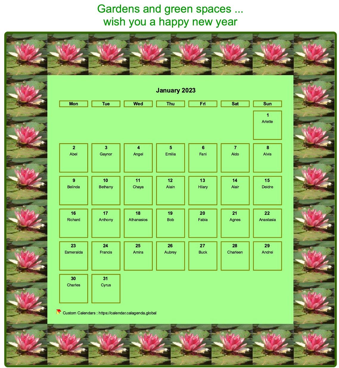 Calendar 2023 decorative agenda monthly, frame with motives waterlilies