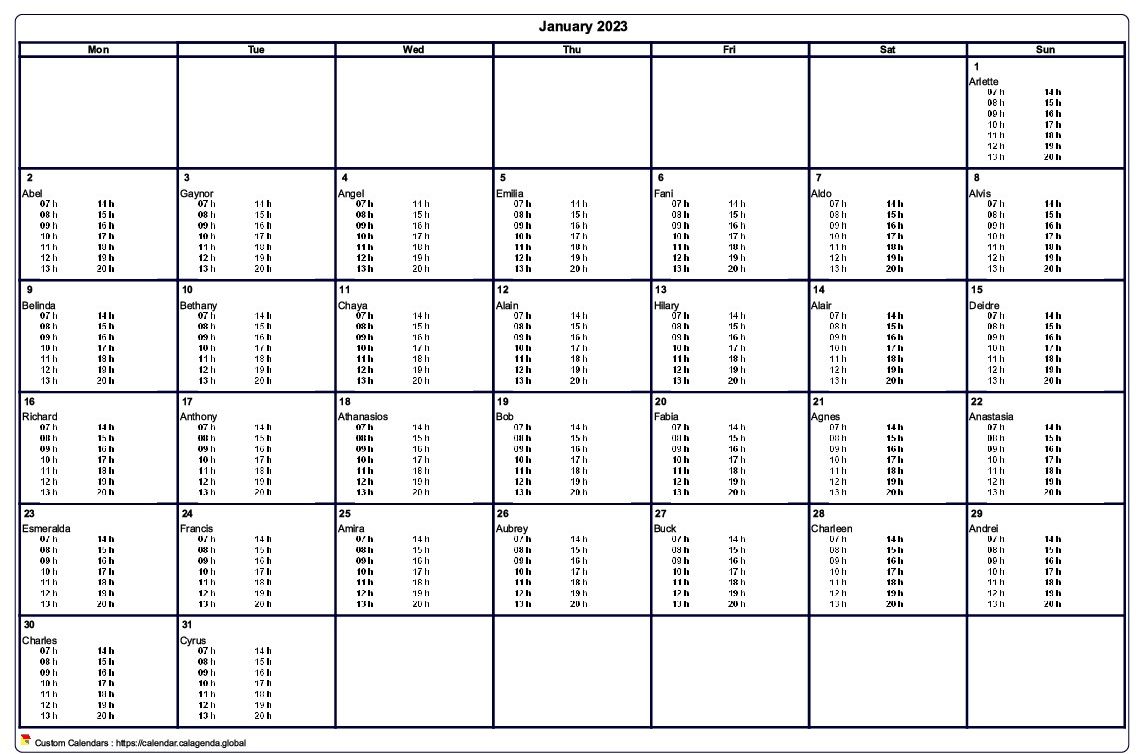 Calendar monthly 2023 to print virgin, with timetables in every box