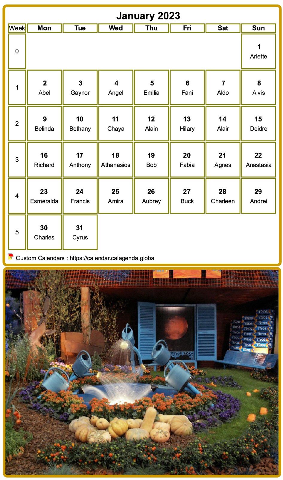 Calendar monthly 2023 to print, with photograph in underside